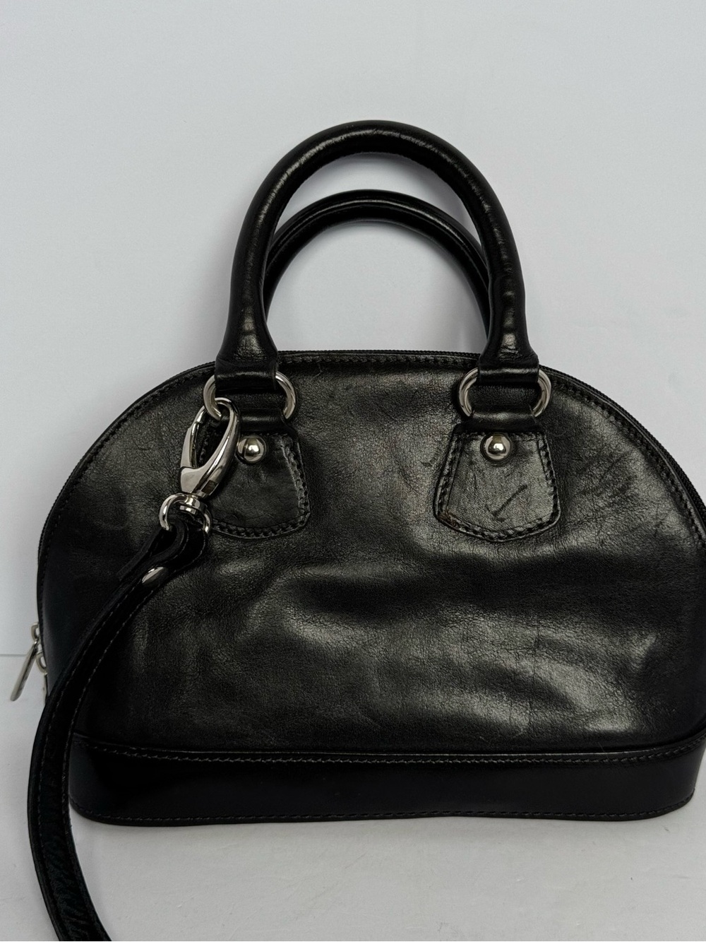 Vintage Lavorazione Artigiana Black Leather Dome Satchel Bag - Made in Italy